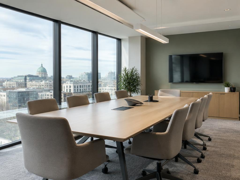 Modern professional office meeting space with city views
